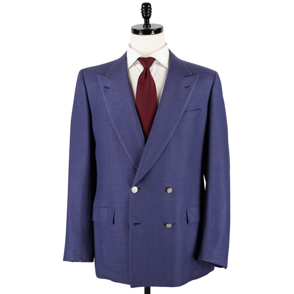 Brioni Blazer 44R Blue Glen Plaid Linen Silk Double Breasted Peak Lapel Italy